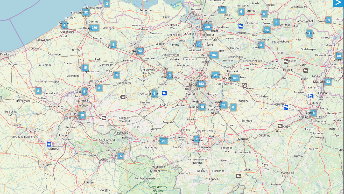 Kaart van Belgie met de locaties waar er cameras staan.